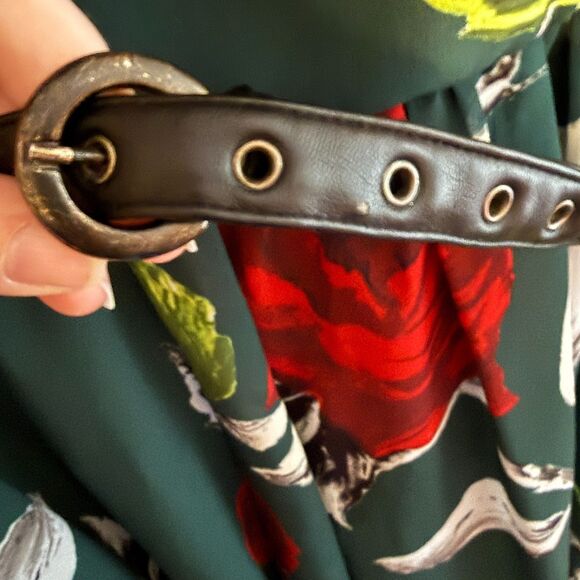 eShakti Green Floral Fit & Flare Dress Ruffle Faux Leather Belt 1X Dark Romantic - Picture 13 of 16